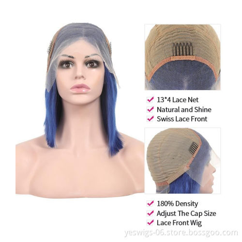 Wholesale Blue Short Bob Wig Brazilian Human Hair Colored Lace Front Wigs for Black Women